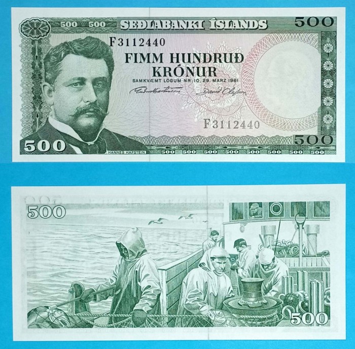 Islanda 500 Kronur 1968 &#039;Pescari pe mare&#039; UNC serie: F3112440 p45