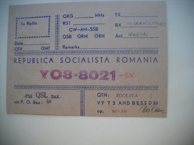 HOPCT 75198 SUCEAVA -RSR -CARTE POSTALA QSL RADIOAMATOR/RADIOAMATORI-CIRCULATA foto