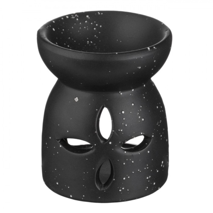 Suport Ulei Parfumat Ceramic, Model Floare Perforată, Negru Mat, 6.5x8cm