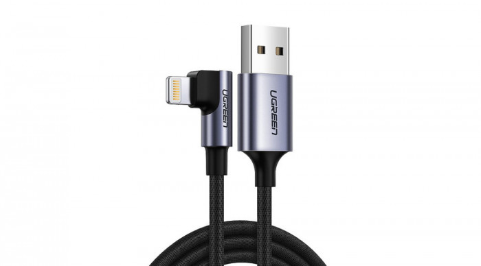 Ugreen Cablu de &icirc;ncărcare și date &icirc;n unghi drept USB - Lightning iPhone iPad MFI 1m 2,4A - negru (60521)