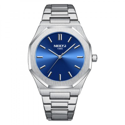 Ceas barbatesc Nibosi Elegant Quartz Otel Analog Argintiu albastru foto