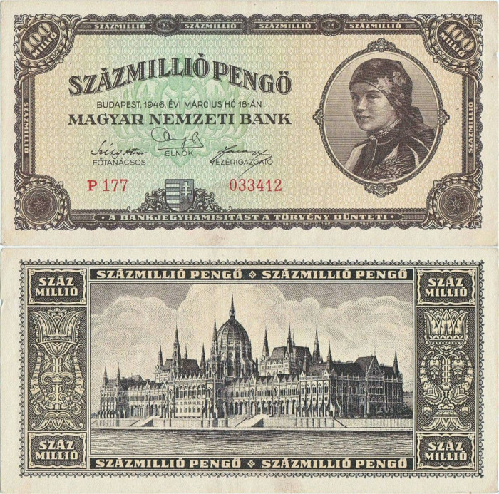 1946 ( 18 III ) , 100,000,000 pengő ( P-124 ) - Ungaria - stare XF