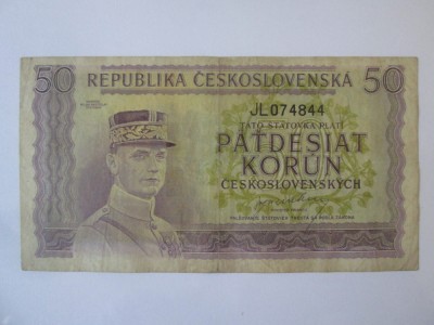 Rara! Cehoslovacia 50 Korun 1945,bancnota din imagini foto