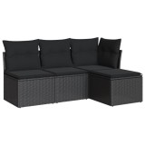 Set mobilier de gradina cu perne, 4 piese, negru, poliratan