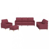 Set canapea cu perne, 4 piese, rosu vin, material textil