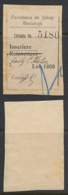 ROMANIA Universitatea Bucuresti 1934 timbru fiscal chitanta inscriere 1000 lei foto