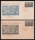 1949 Romania - 2 FDC 23 August - Ziua Nationala (dantelat + nedantelat, varietati hartie plicuri), LP 256 + LP 256 a