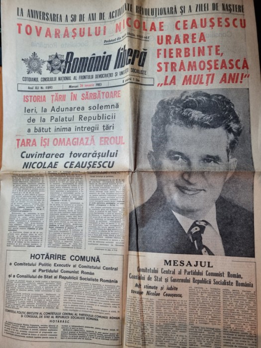 ziarul romania libera 26 ianuarie 1983- ziua de nastere a lui ceausescu