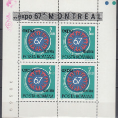 ROMANIA 1967 LP 665 a EXPO '67 - MONTREAL BLOC DE 4 NUMEROTAT CU MANSETA MNH