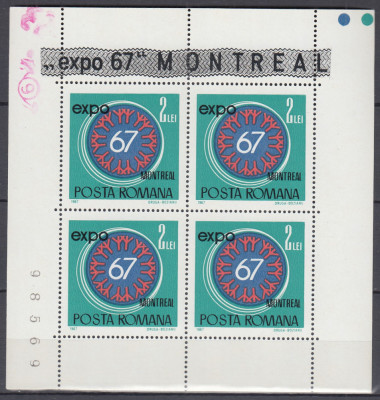 ROMANIA 1967 LP 665 a EXPO &amp;#039;67 - MONTREAL BLOC DE 4 NUMEROTAT CU MANSETA MNH foto