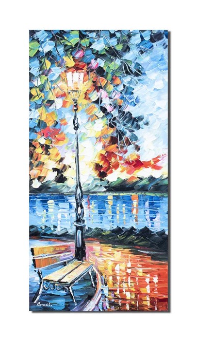 Tablou pictat manual, La banca de langa felinar, 80x40cm ulei pe panza in cutit, efect 3D