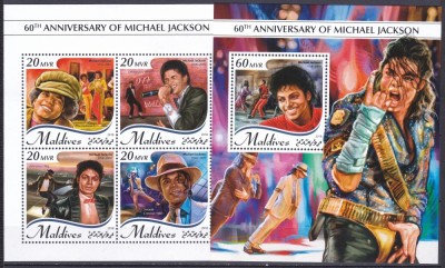 DB1 Muzica Michael Jackson 60 Anniv. Maldive MS + SS MNH foto