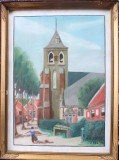 Peisaj cu biserică &ndash; pastel pe h&acirc;rtie, semnat, 1942, Peisaje, Realism
