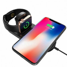 Incarcator wireless 2 in 1 pentru iPhone, Samsung, Airpods, ceas Apple, Samsung culoare negru foto