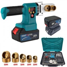 Aparat de sudură cu acumulator pentru țevile PPR KrafT Royal, cu baterie, &icirc;ncărcător și 5 capete de dimensiuni 20 &ndash; 50mm.