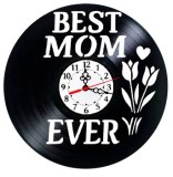 Ceas de perete decorativ realizat din disc de vinil, Model Best Mom Ever, Buchet Lalele, Inima, Cadran Alb Clasic, Negru, 30 cm