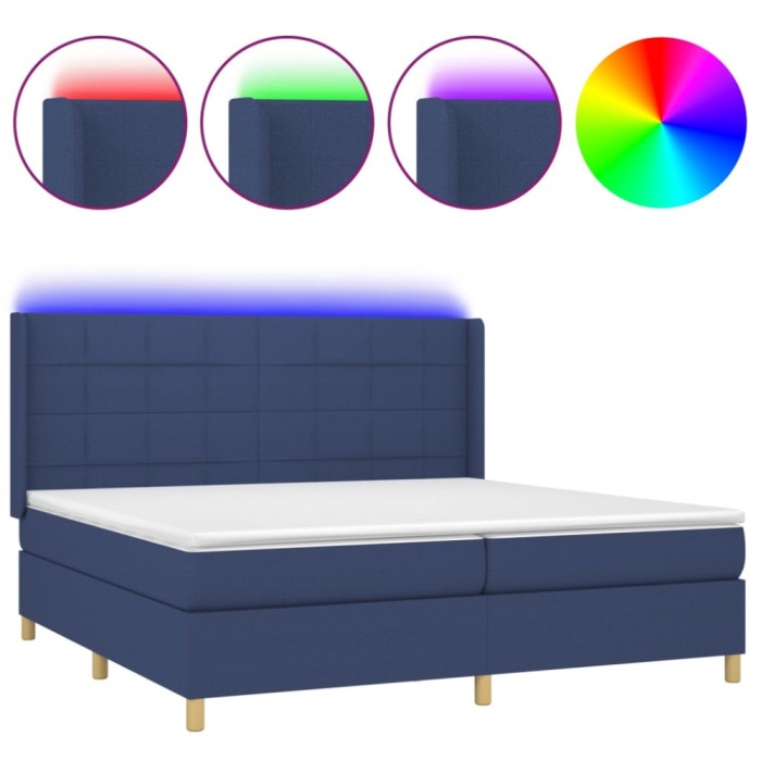 Pat cu arcuri, saltea si LED, albastru, 200x200 cm, textil