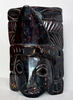 Masca de razboinic Maya 25cm, lucrata manual, arta mezoamericana, sculptura lemn foto