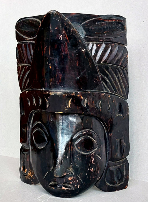 Masca de razboinic Maya 25cm, lucrata manual, arta mezoamericana, sculptura lemn