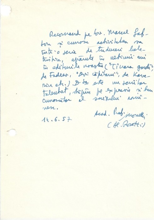 A3602N Alexandru Rosetti, act scris și semnat olograf, 1957