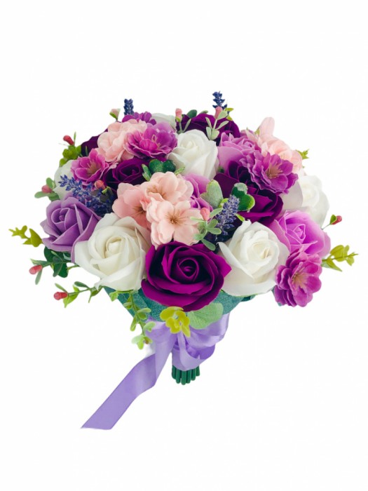 Buchet mediu personalizabil cu trandafiri, orhidee, hortensie si verdeata (Violet, Alb, Roz)