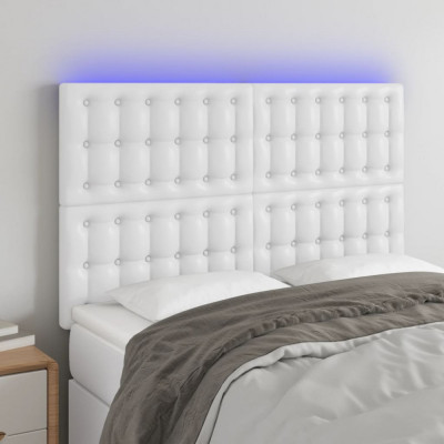 vidaXL Tăblie de pat cu LED, alb, 144x5x118/128 cm, piele ecologică foto