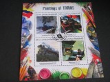 Bloc de Timbre Poștale Maldive 2017 &ndash; 4 opere celebre inspirate de trenuri (Monet, Pranaggi, Rylov, Hopper), colecție tematică feroviară