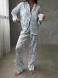 Set pijama dama din doua piese, cu nasturi &ndash; 2401692, Print floral albastru