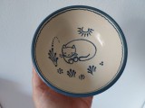 Bol ceramica decorat cu albastru - pisica si soare, Studio Potery, gresie, 13cm diametru