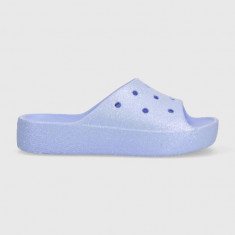 Crocs papuci Classic Platforn Glitter Slide femei, culoarea violet, cu platformă 208233