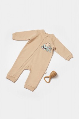 Salopeta cu fermoar, Two thread, BabyCosy, 100% bumbac organic, Stone (Marime: 3-6 Luni) foto