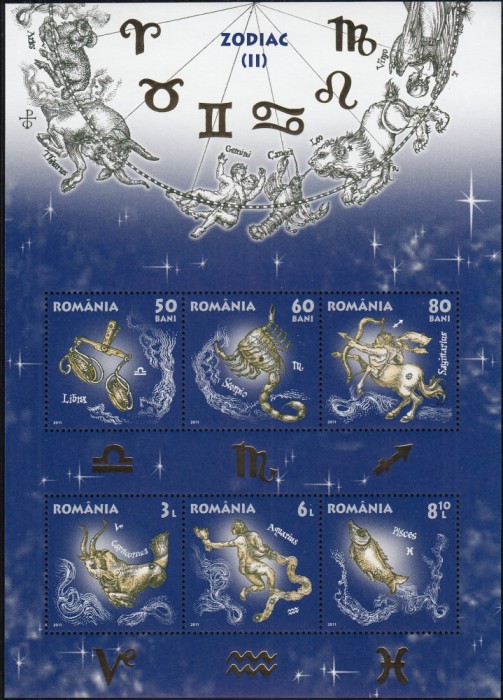 ROMANIA 2011 LP 1919 a ZODIAC II BLOC DE 6 TIMBRE MNH