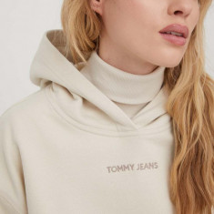 Tommy Jeans hanorac de bumbac femei, culoarea bej, cu glugă, imprimeu DW0DW17329