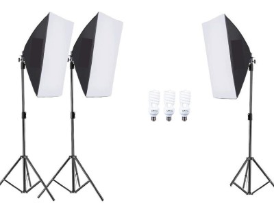 Kit de 3 softboxuri, 3 trepiezi reglabili 200 cm, 3 becuri 45W foto