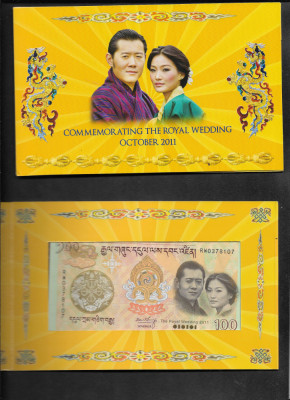 Rar! Bhutan 100 ngultrum 2011 seria0378107 comemorativa XF folder nunta regala foto