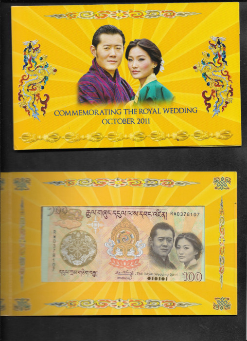 Rar! Bhutan 100 ngultrum 2011 seria0378107 comemorativa XF folder nunta regala