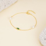 Cumpara ieftin Bratara din Argint 925 Placat cu Aur, cu Zirconiu Verde Marquise si Perle Naturale, Lungime Ajustabila