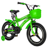 Bicicleta copii 4-6 ani 16 inch roti ajutatoare cu led C1600A cadru verde cu design alb Carpat Kids