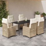 Set Masa Gradina 7 Piese vidaXL, Poliratan Bej, Scaune Reglabile, Perne Incluse, Blat Sticla 160cm