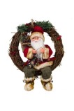 Coroană decorativă de Crăciun cu Moș Crăciun, din lemn, roșu/maro, 34 cm