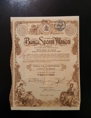 Actiune 1923 Banca Sporul muncei / titlu de 5 actiuni foto