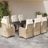 VidaXL Set de masă pentru grădină, 9 piese, cu perne, bej, poliratan