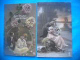 HOPCT 1690 CUPLU-ROMANTICA-FRANTA--LOT 2 CARTI POSTALE VECHI-CIRCULATE