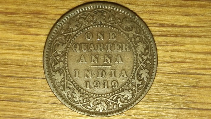 India Britanica - moneda de colectie - 1/4 quarter anna 1919 - George V - bronz - stare buna !