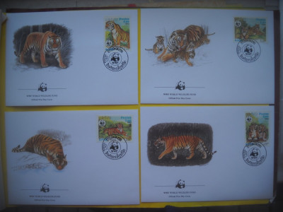 HOPCT PLIC S 1104 SET 4 FDC FELINE TIGRII LAOS 1984 WWF foto