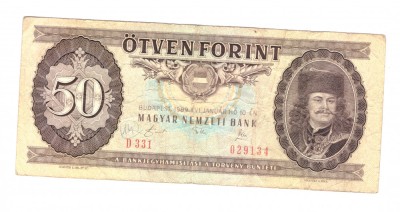Bancnota Ungaria 50 forint/forinti 10 ianuarie 1989, circulati, stare relativ buna foto