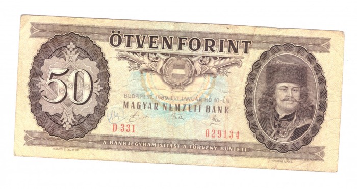 Bancnota Ungaria 50 forint/forinti 10 ianuarie 1989, circulati, stare relativ buna