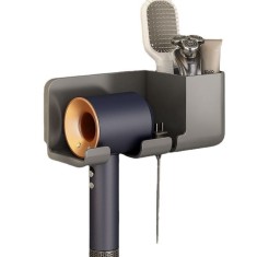 Suport de Baie, pentru Uscator de Par, cu Organizator Dublu, din Plastic, Aplicare cu Suport Adeziv, 23 x 8.8 x 9.5 cm, Negru