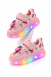 Pantofi sport cu lumini LED, model cu capsuni, Fete, Piele ecologica si textil,