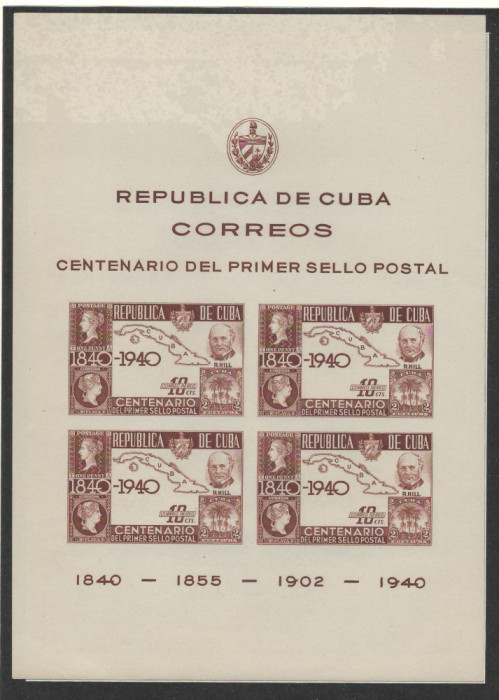 Cuba 1940 Mi 169 B bl 2 MNH - 100 de ani de timbre + MAPA PREZENTARE